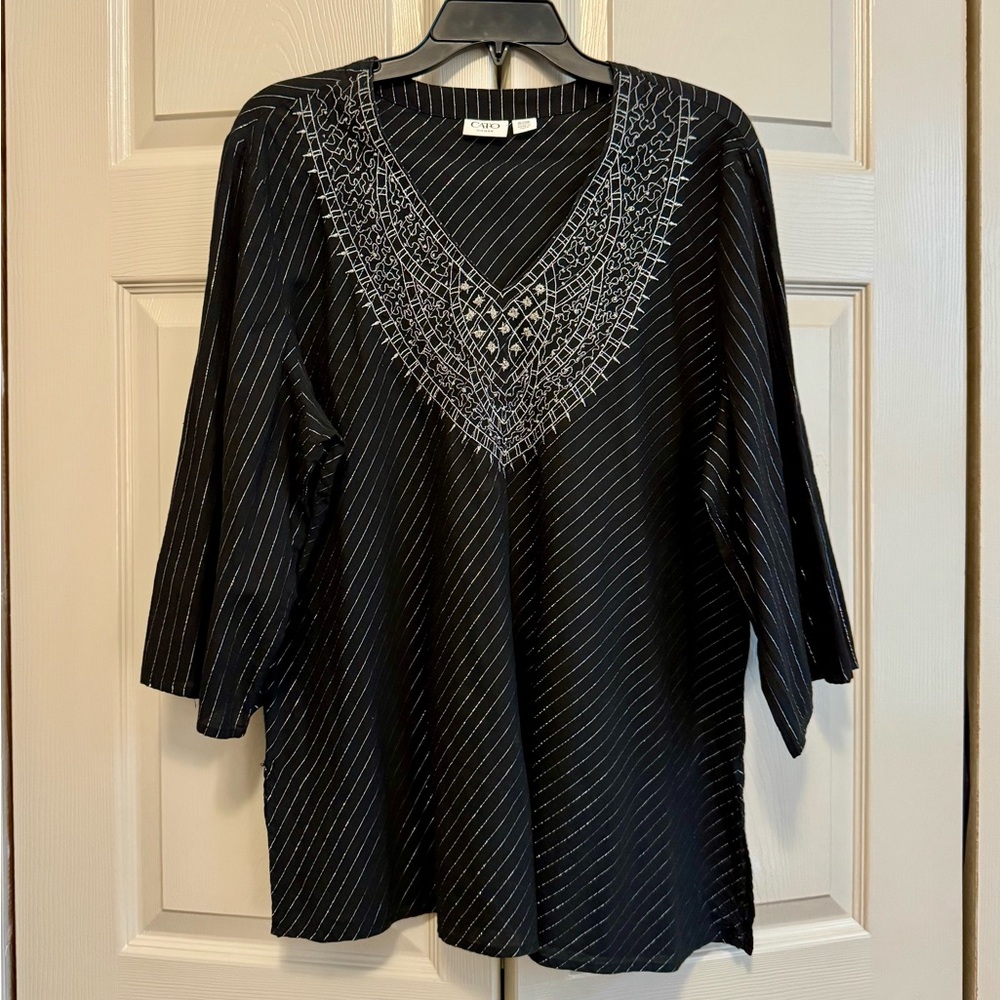 Cato Black Embroidered Boho Tunic with Silver Metallic Thread